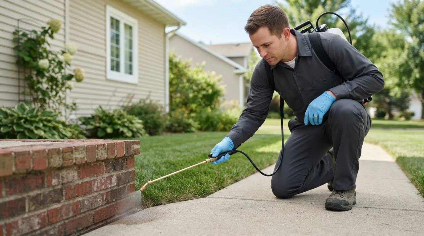 Pest control technician treating a home near Chino, CA